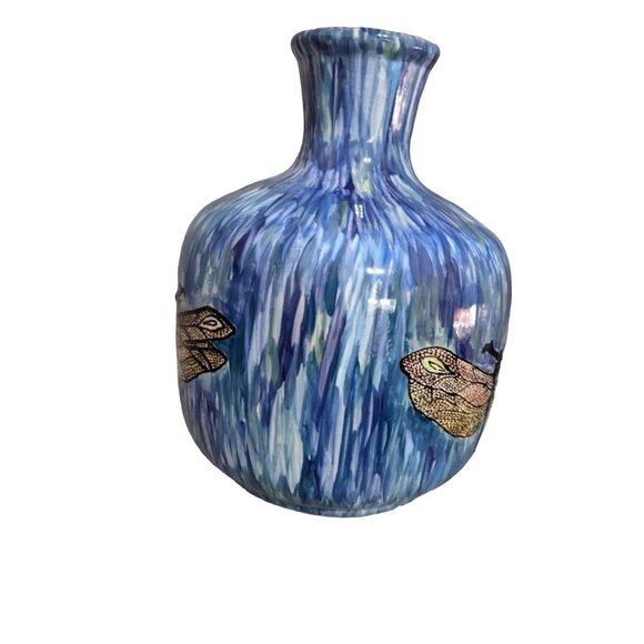 Studio Pottery Vase Dragonfly Blue 9"x7" Drip Glaze Signed Helga Farmhouse Decor - Picture 4 of 9
